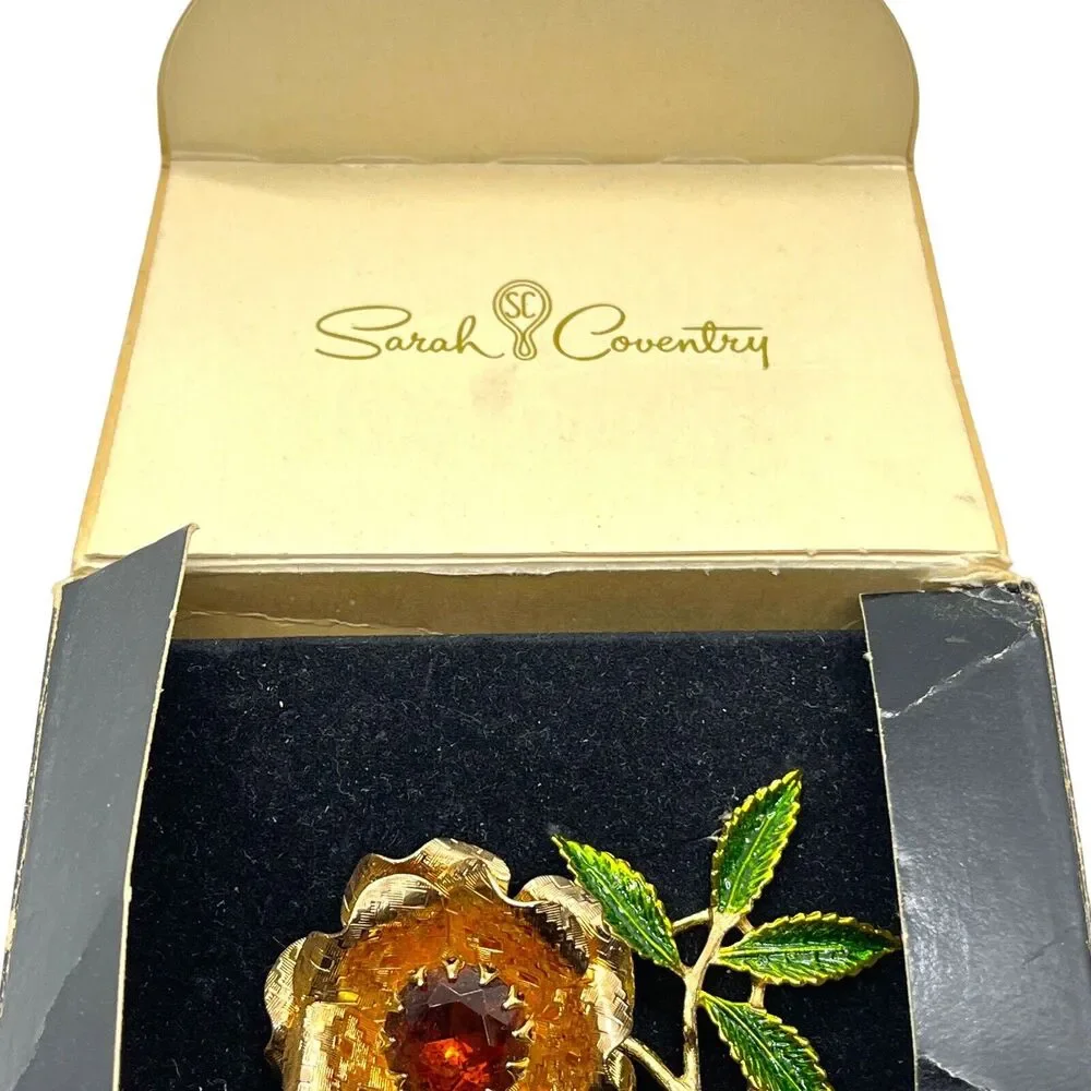 Sarah Coventry Brooch Pin Ember Flower Statement Vintage 1972 Gold Tone In Box